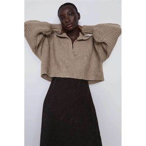 Zara Women's Sweater Size M Tan Oversized Chunky Knit Collared Crop Sweater